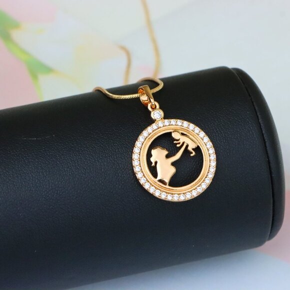 "Rose Gold Circle Pendant with Mother & Child Design and CZ Accents, XPPT1401 - Picture 5 of 13